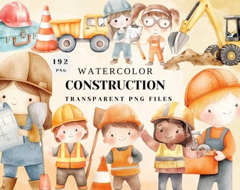 Watercolor Construction Clipart Set - Cute Kids Builder Clip Art, Construction Vehicles PNG, Transparent Digital Files for Crafts & Designs