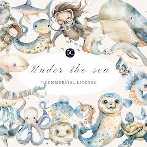 Under the Sea Watercolor Clipart Set - Cute Sea Animals, Divers, Whales, Dolphins, Octopus, Marine Life Art, Blue and Beige, Commercial Use