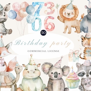Watercolor Birthday Party Clipart | Cute Animals, Balloons & Numbers | Kids Party Invitation, Digital Scrapbooking PNG, Commercial Use