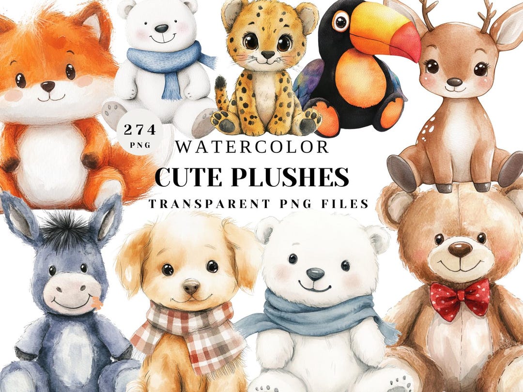 Watercolor Cute Plush Animals Clipart Bundle, 274 PNG Files, Adorable ...