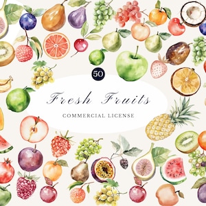 Lot d'images clipart aquarelles de fruits frais | 50 illustrations de fruits peintes à la main | Licence commerciale | Téléchargement numérique pour l'artisanat et les designs