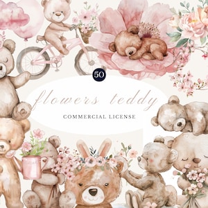 Pink Flowers Teddy Watercolor Clipart | Cute Teddy Bear Illustration, Floral Baby Animals, Vintage Soft Aesthetic Nursery Art Commercial Use