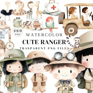 Aquarelle Safari Ranger Clipart Bundle - 460 fichiers PNG Explorer mignons pour les enfants, les animaux de la jungle, les fournitures de camp et l’utilisation commerciale d’aventure