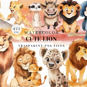 Watercolor Cute Lion Clipart | 477 Adorable Lion Family PNG Files for Kids, Crafts, Sublimation, Nursery Decor  Party Themes Commercial Use