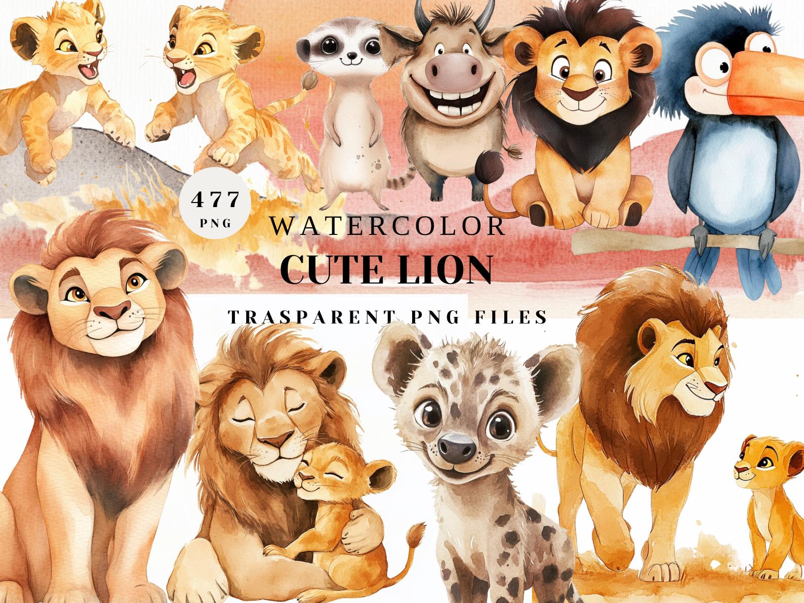 Watercolor Cute Lion Clipart | 477 Adorable Lion Family PNG Files for Kids, Crafts, Sublimation, Nursery Decor Party Themes Commercial Use