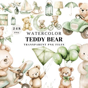 Watercolor Teddy Bear Clipart Bundle – 248 PNG Transparent Files for Baby Showers, Nursery Decor, Scrapbooking & Craft Projects
