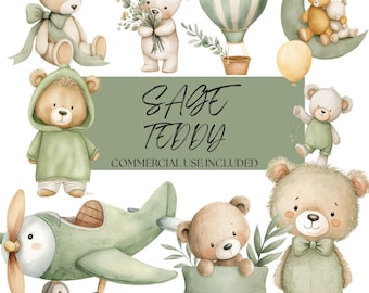 Watercolor Sage Teddy Clipart Bundle, Digital Download