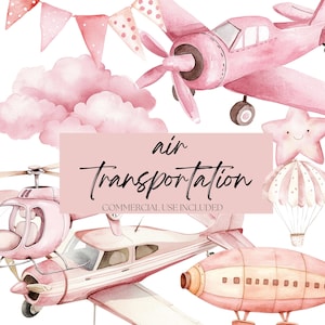 Watercolor Air Transportation Clipart, Pink Plane Helicopter Graphics, Hot Air Balloon Art, Baby Shower Decor, Sublimation Designs PNG