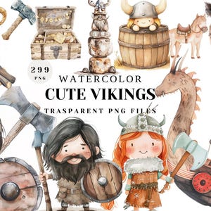 Op de afbeelding: Waterverfillustratie van schattige cartoon-Vikingen. De set bevat een Vikingmeisje met een rode vlecht, een Vikingjongen met een baard, een Vikingmeisje met een gehelmde helm, een Vikingjongen met een gehelmde helm, een Vikingschip, een kampvuur, een draak, een everzwijn, een kist, een stenen toren, een houten vat, een bijl, een schild en een beker. De tekst "299 PNG Watercolor Cute Vikings Transparent PNG Files" is in de afbeelding opgenomen.