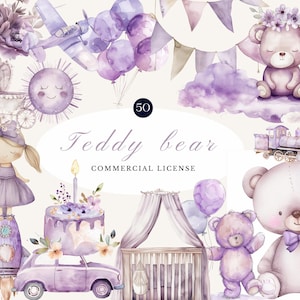 Watercolor Purple Teddy Bear Clipart | Cute Baby Shower, Nursery Decor, Birthday Party, Digital Scrapbooking PNG