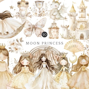 Moon Princess Clipart Bundle – Watercolor Fairy Tale Girls PNG, Fantasy Castle Clip Art, Magic Fairies and Moon Elements Digital Download