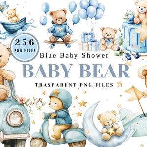 256 Bleu Baby Shower Bébé Ours Clipart | Graphiques adorables d’ours en peluche, illustrations mignonnes de bébé garçon, PNG transparents pour le bricolage et la décoration