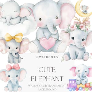 Cute Baby Elephant Watercolor Clipart Set | Hand Painted Elephant Illustrations with Transparent Backgrounds for Nursery Wall Art and Crafts