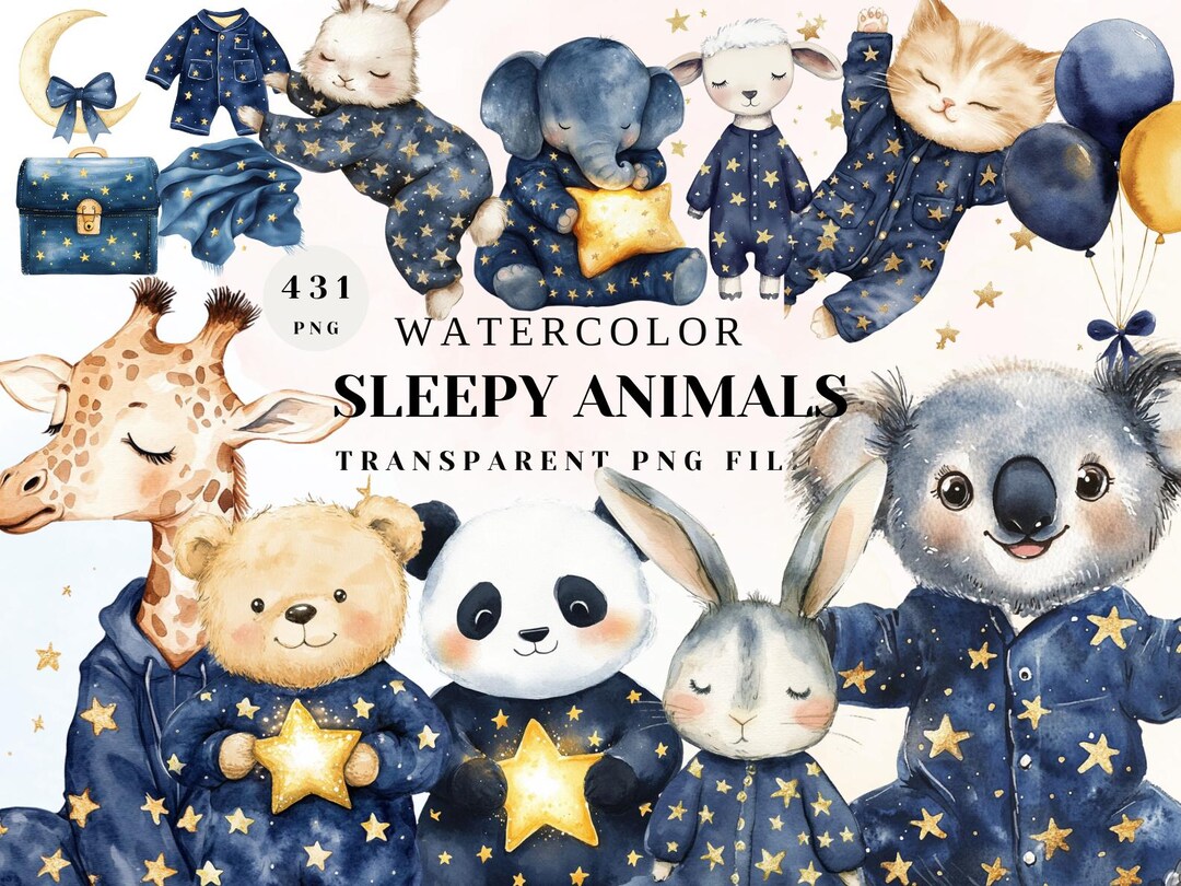 Watercolor Sleepy Animals Clipart | Cute Bedtime Animal PNG Set | Night ...