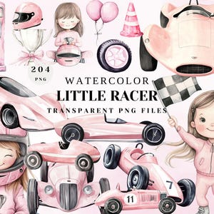 Watercolor Little Racer Clipart | Pink Race Car PNG | Cute Kids Racing Illustrations | Transparent Digital Files for Crafts & Parties