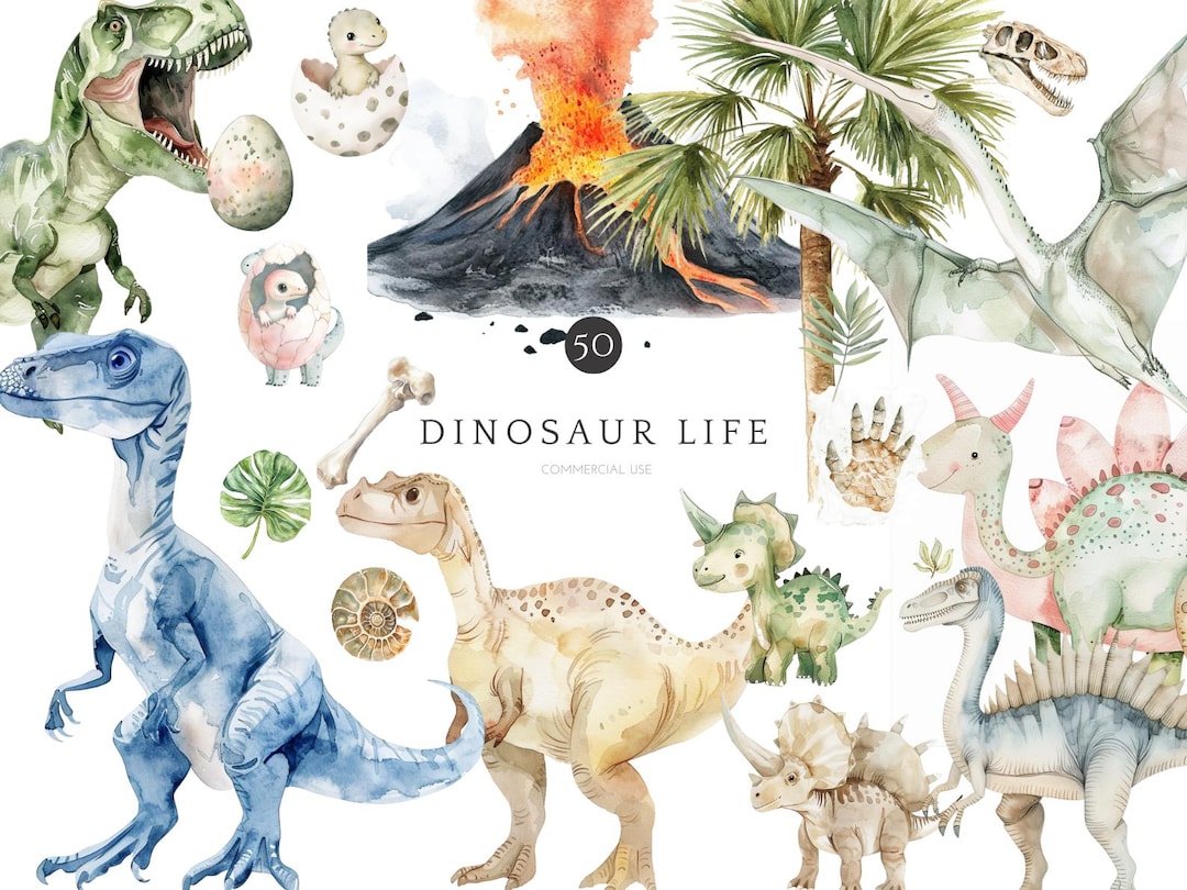 Watercolor Dinosaur Clipart Bundle Cute Jurassic Baby Dino PNG Set ...