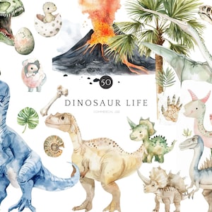 Watercolor Dinosaur Clipart Bundle Cute Jurassic Baby Dino PNG Set Volcano Prehistoric Animal Prints Kids Party Art COMMERCIAL USE