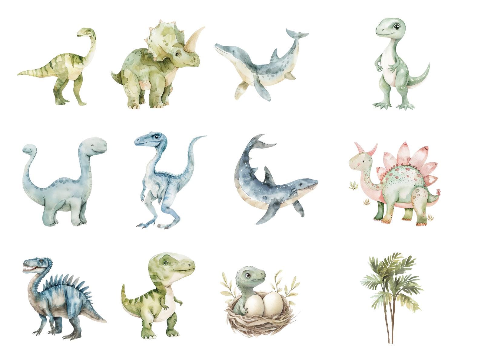 Watercolor Dinosaur Clipart Bundle Cute Jurassic Baby Dino PNG Set ...