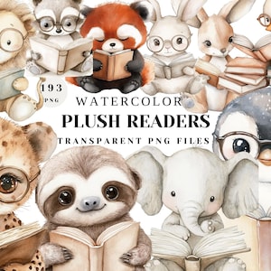 Watercolor Plush Readers Clipart | Cute Animals with Books PNG | Reading Animals Illustrations | Transparent Digital Files for Crafts