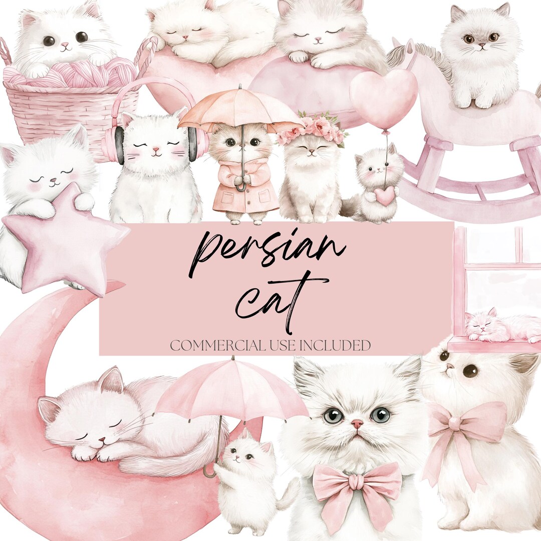 Watercolor Persian Cat Clipart Set, Cute Kitten Digital Art, Pink Cat ...