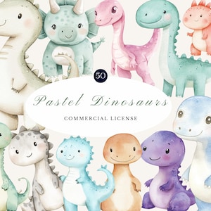 Pastel Dinosaurs Watercolor Clipart Bundle | Cute Dino Illustrations with Commercial License | Digital Nursery Decor Transparent Background