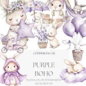 Lila Boho-Häschen-Clipart-Paket | Aquarell-Illustrationen im Bohemian-Stil mit Hasenmotiv, süßen Lavendelfiguren und floralem Dekor für das Basteln im Kinderzimmer