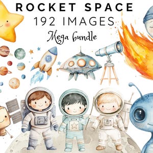 192 Space Rocket Clipart Bundle | Adorable Astronauts, Planets, Rockets & Galaxy Elements for Kids’ Crafts, Stickers, Party Decor