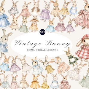 Vintage Bunny Watercolor Clipart Coelhos fofos em vestidos, coelho da Páscoa, Cottagecore, arte de berçário, ilustrações de animais retrô, uso comercial