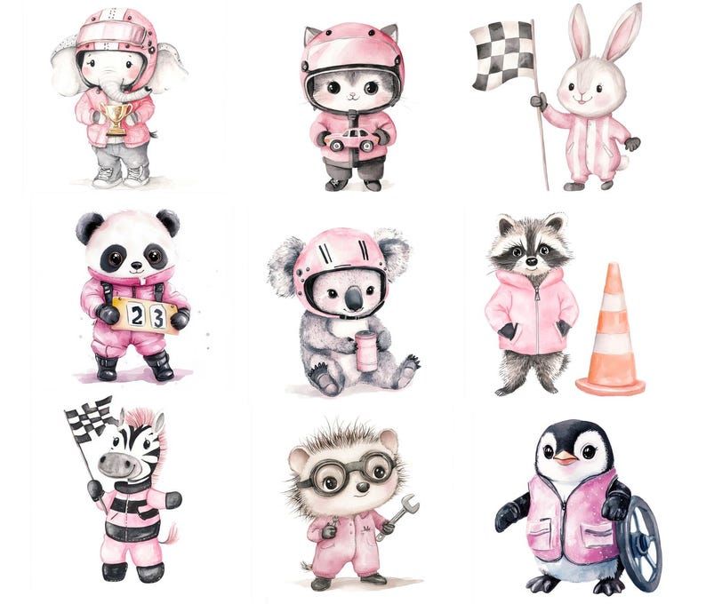 Watercolor Pink Little Racer Clipart Set - Cute Animals, Racing Cars ...