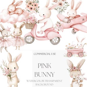 Watercolor Pink Bunny Clipart Set, Boho Bunny Illustrations, Spring Floral Graphics, Easter Decor PNG, Baby Shower Sublimation Designs