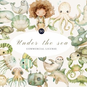 Under the Sea Watercolor Clipart Set - Green Ocean Animals, Cute Divers, Dolphins, Turtles, Submarine, Marine Life Art, Commercial Use