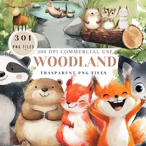 Woodland Animals Clipart Bundle | 301 PNG Files with Forest Creatures, Nursery Decor, Baby Shower, Party Supplies & DIY Projects