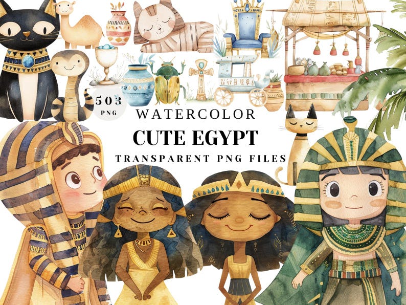 Watercolor Ancient Egypt Clipart Bundle - 503 Cute Egyptian Pharaohs ...