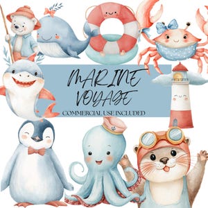 Può includere: Illustrazione ad acquerello con animali marini ed elementi nautici. Include un orso polare, una balena, un salvagente, un granchio, uno squalo, un pinguino, un polpo, una lontra e un faro. È presente anche il testo "MARINE VOYAGE" e "COMMERCIAL USE INCLUDED".