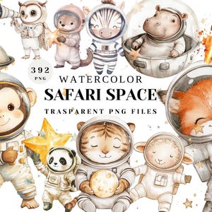 Watercolor Safari Astronaut Animals Clipart | 392 Space-Themed Animal PNGs for Kids Party, Scrapbooking & Sublimation Designs