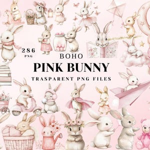 Boho Rosa Hase Aquarell Clipart | 286 entzückende Kaninchenillustrationen für Kinderzimmerdekoration, Kunsthandwerk, Sublimation und DIY-Projekte. Kommerzielle Nutzung