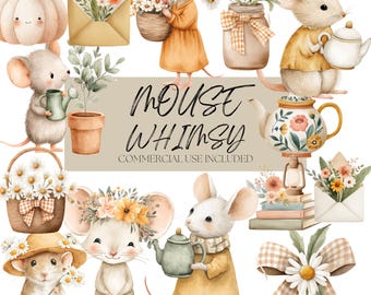 Watercolor Mouse Whimsy Clipart Bundle, Digital Download
