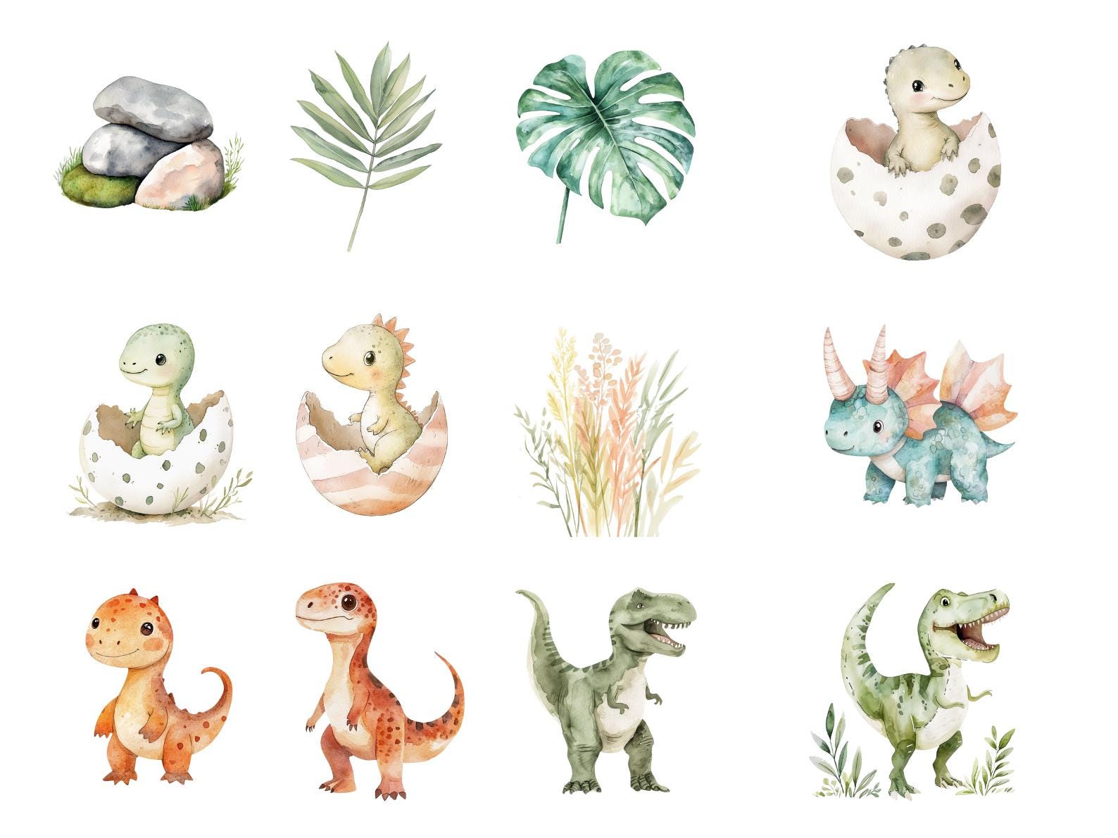 Watercolor Dinosaur Clipart Bundle Cute Jurassic Baby Dino PNG Set ...