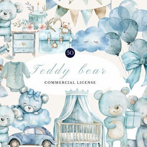 Blue Teddy Bear Watercolor Clipart Bundle | Cute Vintage Bears, Balloons & Toys with Commercial License | Baby Shower  Nursery Minimalistic
