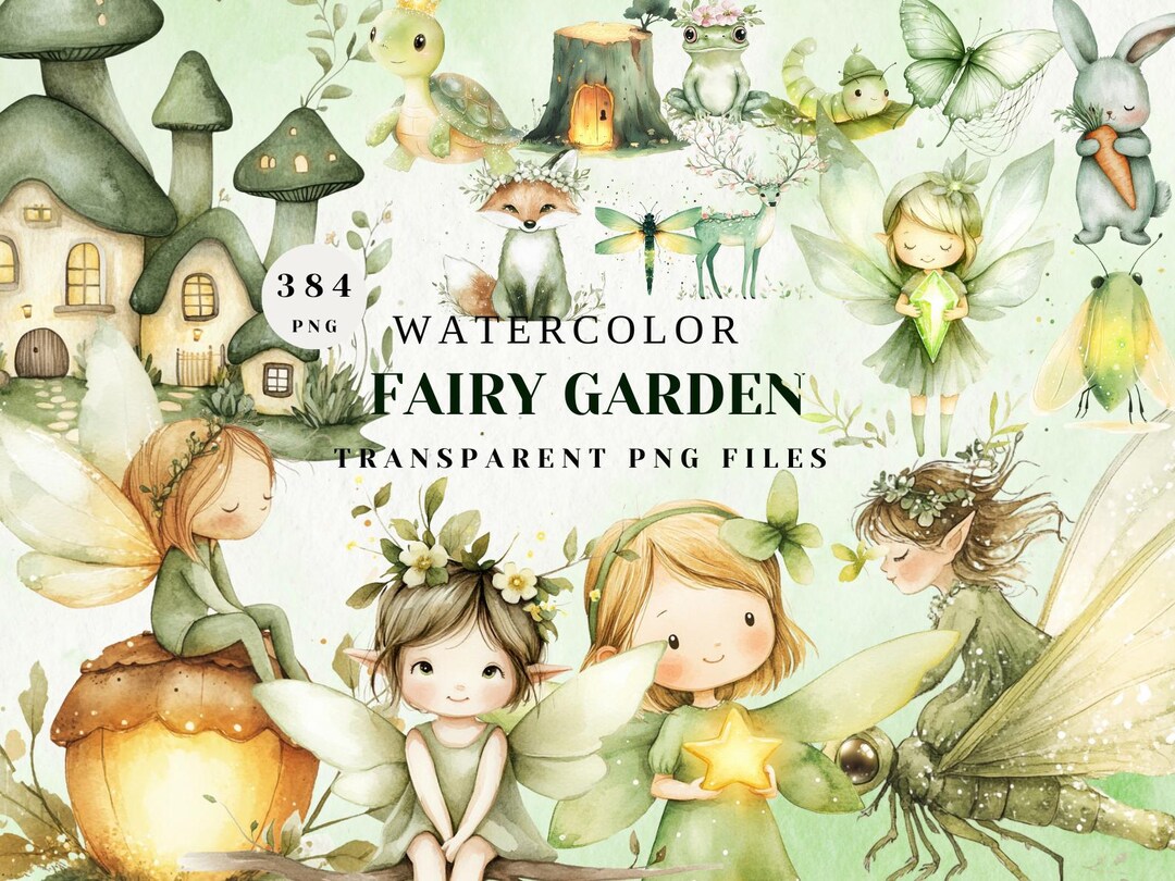 Watercolor Fairy Garden Clipart Set | Green Fantasy PNG Files | Cute ...