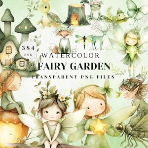 Watercolor Fairy Garden Clipart Set | Green Fantasy PNG Files | Cute Fairies, Mushrooms & Forest Animals | Transparent Digital Art