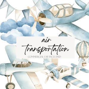 Watercolor Air Transportation Clipart, Vintage Blue Plane Helicopter Art, Hot Air Balloon Graphics, Baby Shower Decor, Sublimation PNG