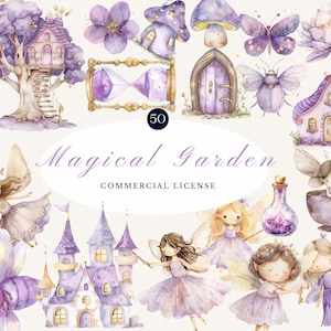 Zauberhafter Garten Aquarell Clipart Set - Märchen Fantasy Kunst, Feen, Pilze, Schloss, Zaubertrankflaschen, Zauberwald, kommerzielle Nutzung