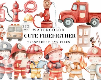 Watercolor Cute Firefighter Clipart | 372 Adorable Firefighter Illustrations for Crafts, Kids&#39; Projects & Sublimation Design Idea