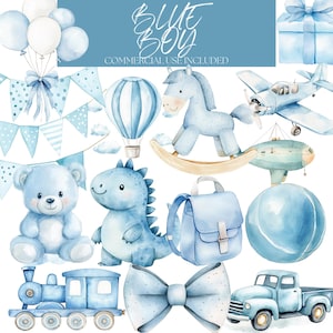 Blue Boy Clipart Bundle – Watercolor Baby Boy Toys and Vehicles PNG, Hot Air Balloon, Dinosaur, Train Digital Download for Nursery Decor
