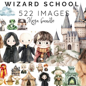 Paquete de imágenes prediseñadas de guardería de la escuela Wizard 522 ? Ilustraciones mágicas para niños, personajes de magos de fantasía y escenas de castillos para manualidades de decoración infantil