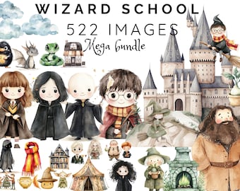 522 Wizard School Nursery Clipart Bundle | Magical Kids Illustrations, Fantasy Wizard Characters & Castle Scenes for Nursery Decor Craft