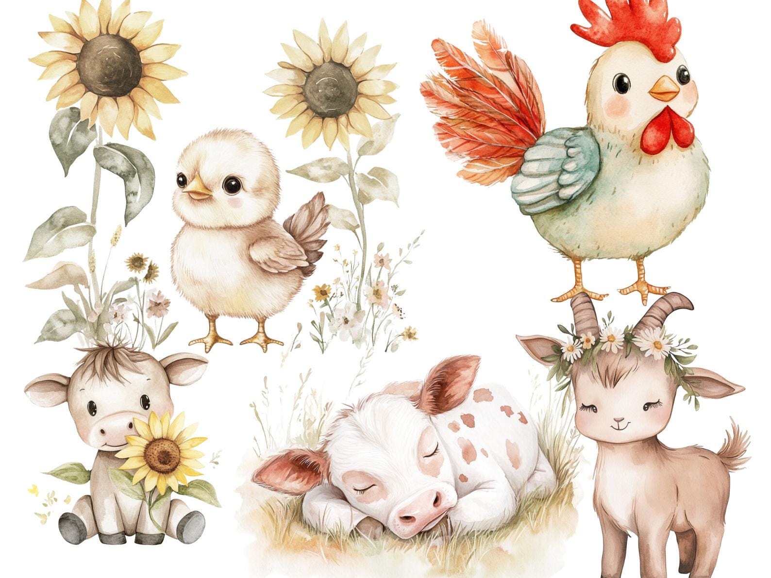 Watercolor Farm Friends Clipart Cute Farm Animals PNG Baby Animals ...