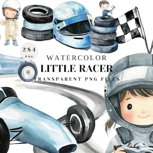 Aquarell Little Racer Clipart | Blaues Rennauto PNG | Niedliche Kinder-Rennillustrationen | Zielflaggen und Helme | Transparente digitale Dateien