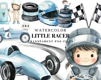 Watercolor Little Racer Clipart | Blue Race Car PNG | Cute Kids Racing Illustrations | Checkered Flags & Helmets | Transparent Digital Files